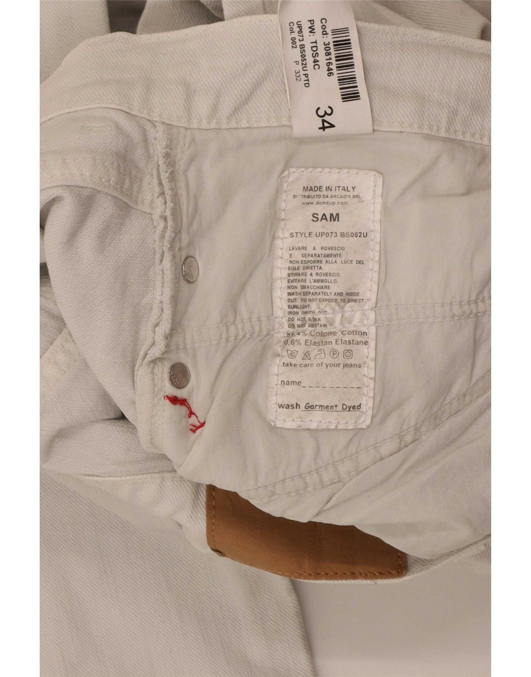Dondup Mens Sam Straight Jeans W34 L32 Algodão Branco