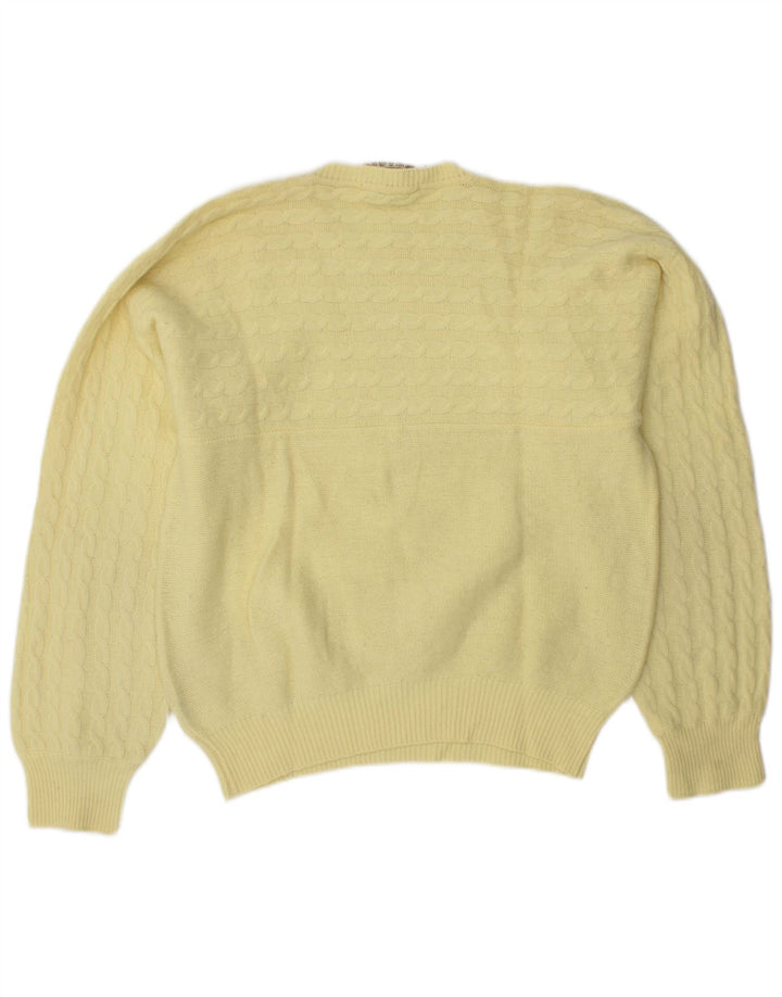 Suéter feminino VINTAGE com gola redonda Reino Unido 14 lã virgem amarela média
