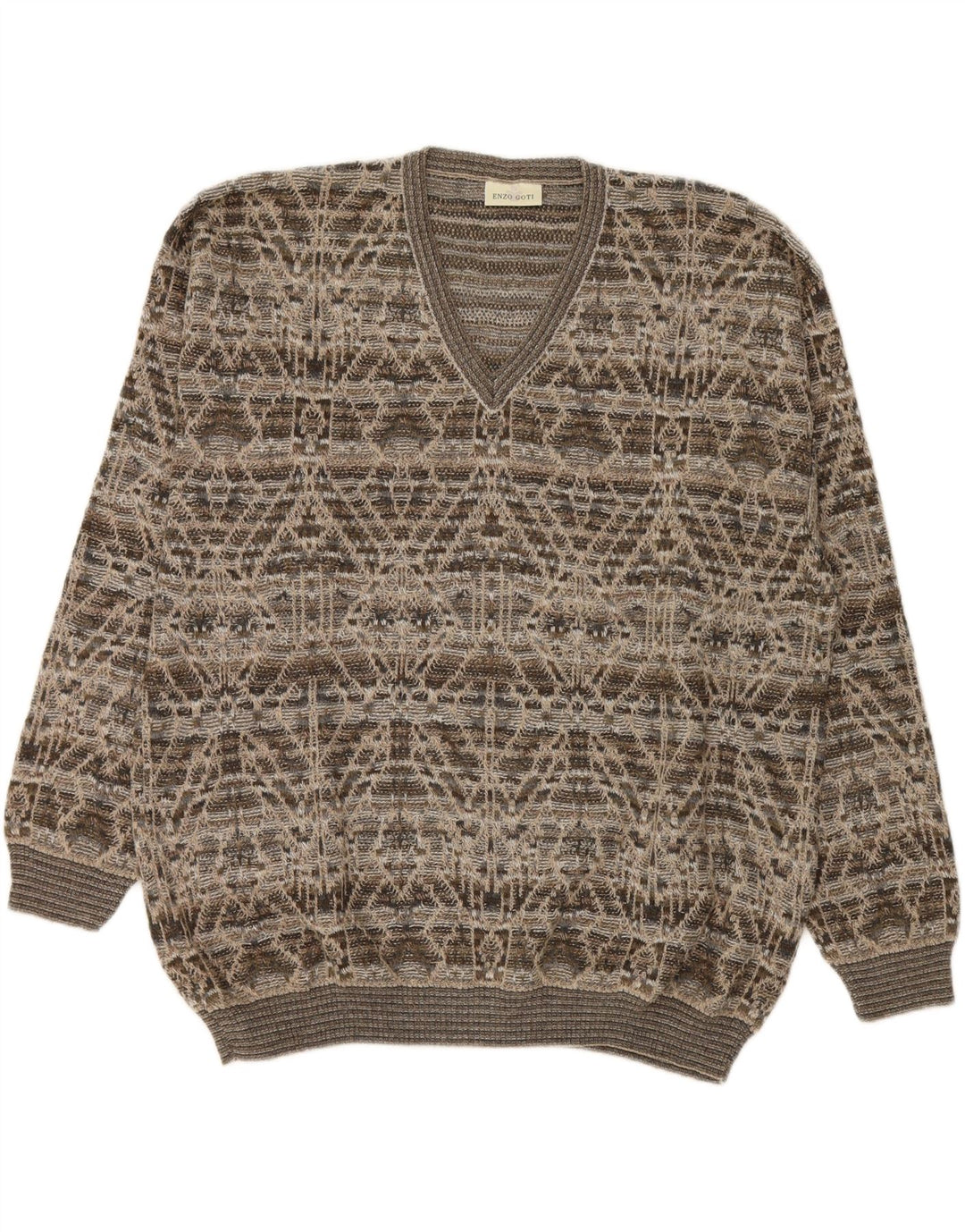 ENZO GOTI Mens V-Neck Jumper Sweater 2XL Brown Geometric Wool Vintage Enzo Goti and Second-Hand Enzo Goti from Messina Hembry 
