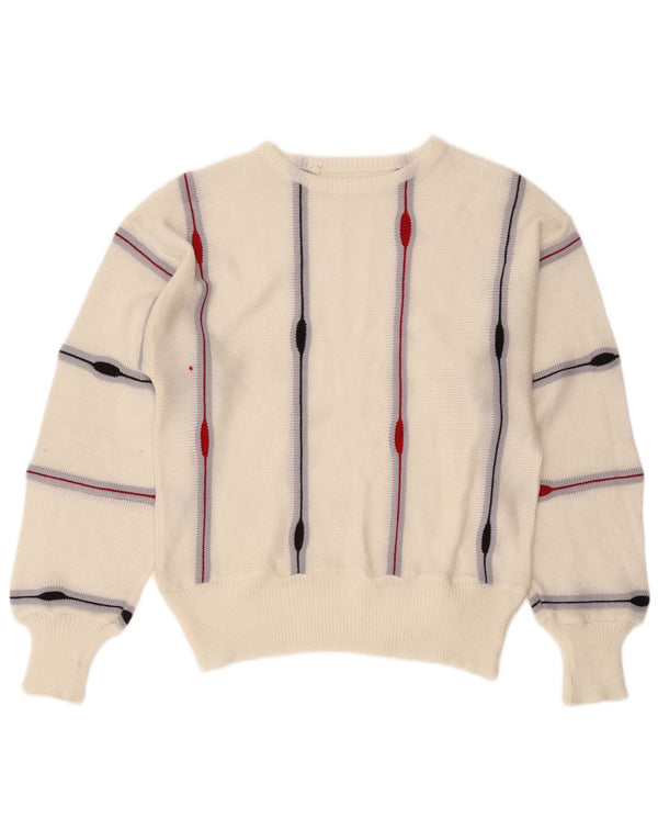 Suéter feminino vintage com gola canoa UK 14 listrado branco médio