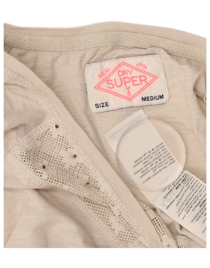 Blusa feminina Superdry manga 3/4 top UK 12 algodão bege médio