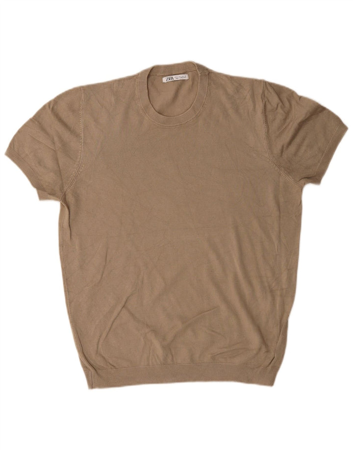 Suéter masculino Zara de manga curta com gola redonda e viscose marrom pequena
