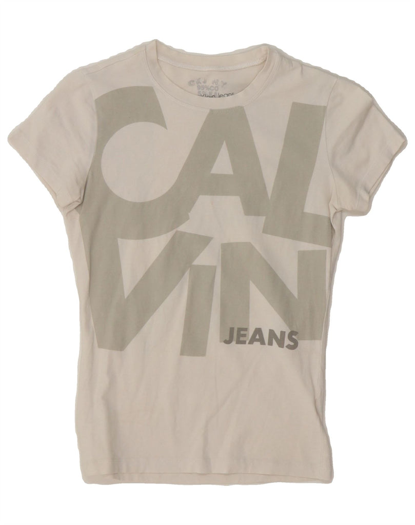 CALVIN KLEIN Girls Graphic T-Shirt Top 11-12 Years Small  White Vintage Calvin Klein and Second-Hand Calvin Klein from Messina Hembry 