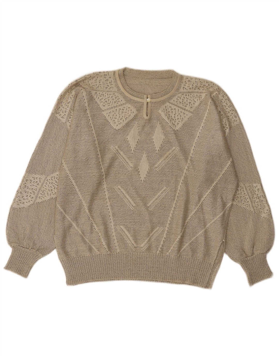 Suéter feminino vintage com gola redonda e botão UK 14 grande cinza geométrico