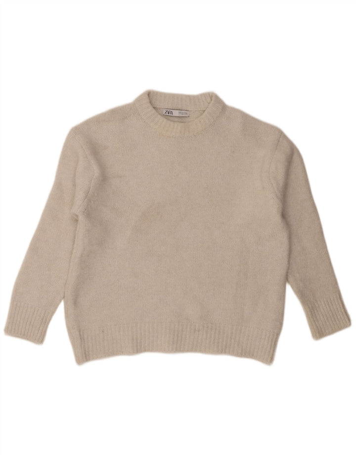 Suéter feminino Zara com gola redonda grande, Reino Unido 14, médio, branco, poliéster
