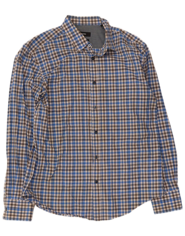 Camisa masculina Slim Fit Hugo Boss grande algodão xadrez azul