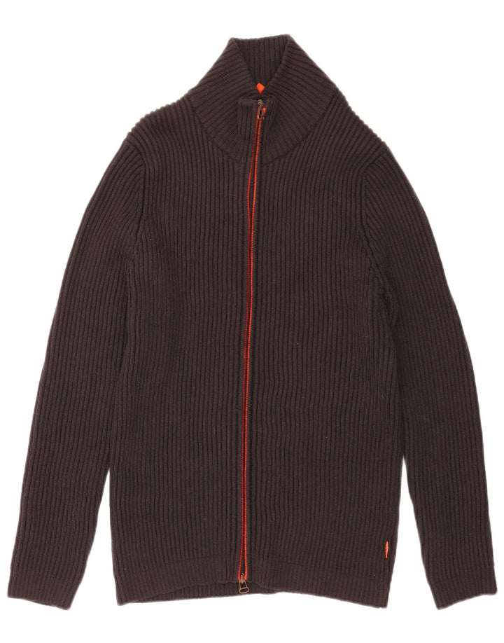 Suéter cardigã masculino Hugo Boss lã virgem cinza médio