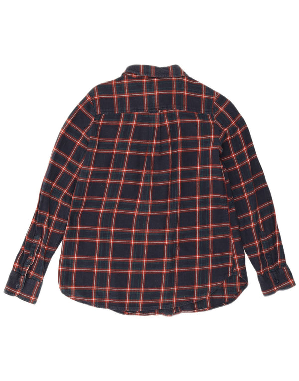 Camisa de flanela feminina Fat Face Reino Unido 10 algodão xadrez pequeno azul marinho