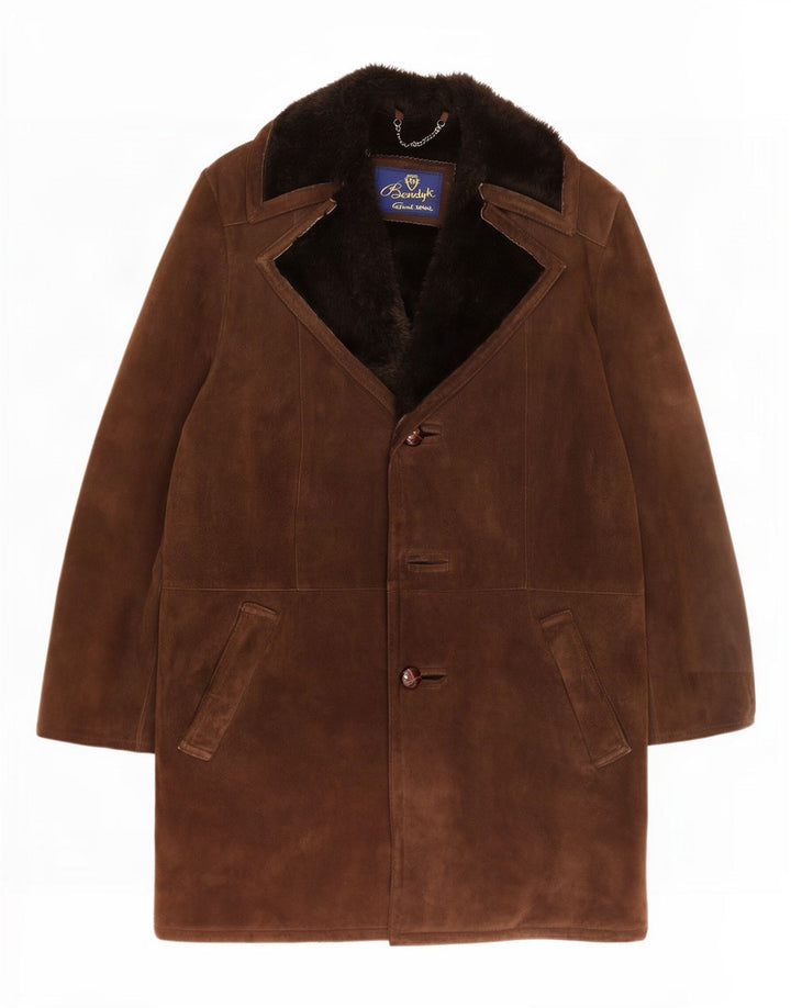 Sobretudo masculino vintage Shearling UK 38 camurça marrom médio