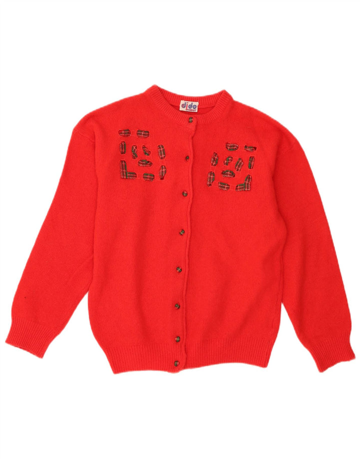 Suéter cardigã feminino vintage Reino Unido 14 lã vermelha média