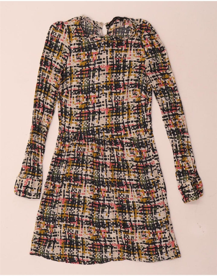 Vestido feminino Zara manga comprida linha A UK 6 XS multicolorido geométrico