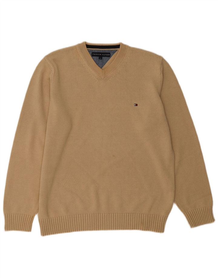 Suéter masculino TOMMY HILFIGER com decote em V de algodão bege médio