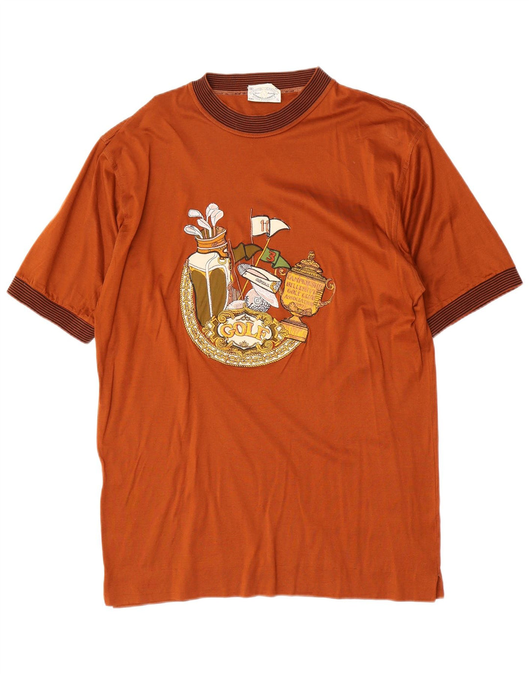 Camiseta masculina vintage com estampa gráfica marrom médio