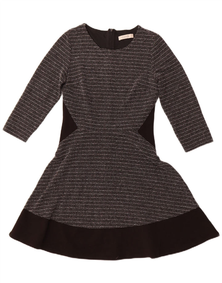 Vestido feminino OASIS manga 3/4 evasê Reino Unido 8 pequeno poliéster listrado preto