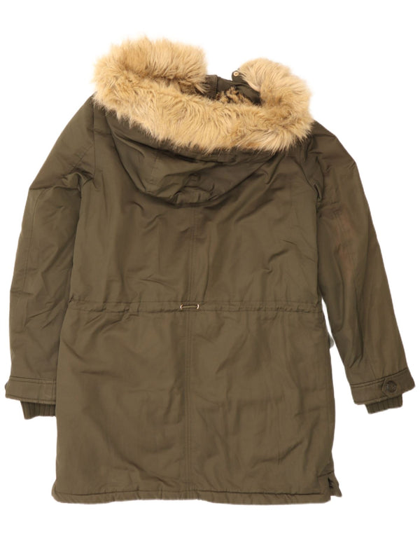 Jaqueta parka feminina com capuz Zara UK 14 poliéster cáqui médio