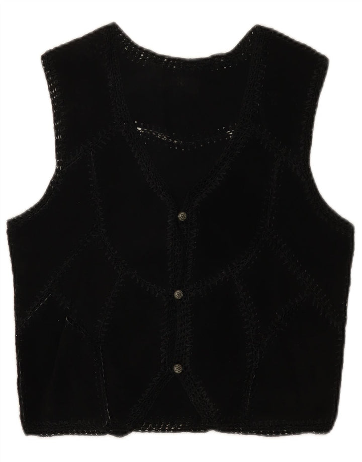 Colete de camurça vintage feminino UK 6 XS preto patchwork