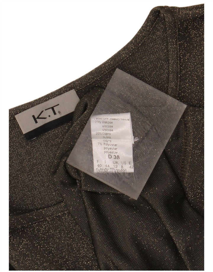 Top feminino VINTAGE manga comprida Reino Unido 12 viscose manchada verde médio