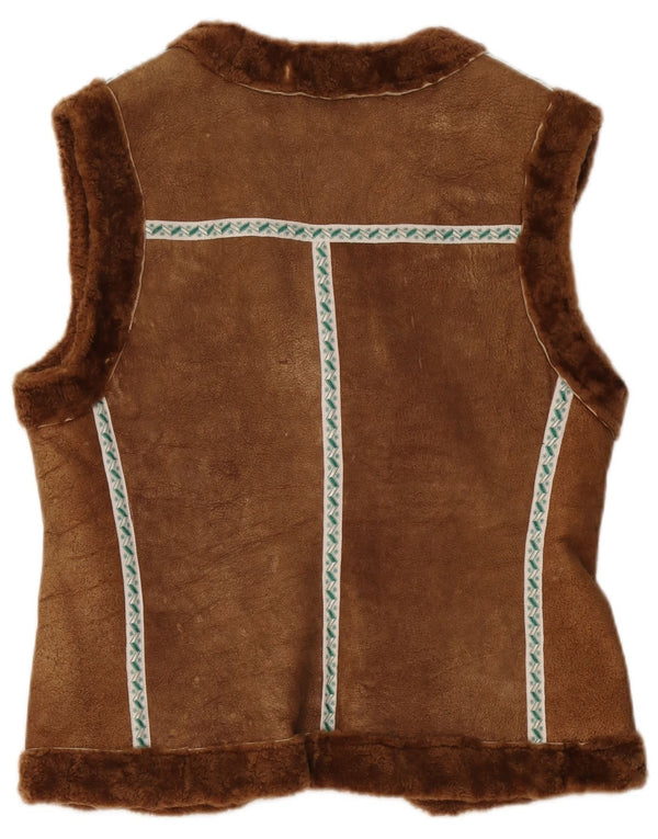 Colete Shearling Feminino Vintage UK 12 Médio Marrom Geométrico