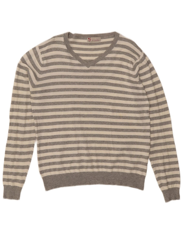 Suéter masculino Zara com decote em V grande algodão listrado cinza
