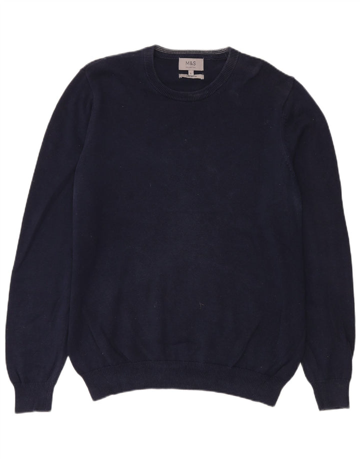 Suéter masculino Marks & Spencer com gola redonda, grande algodão azul marinho