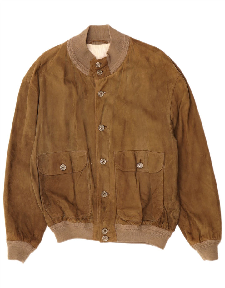 Jaqueta bomber de camurça masculina vintage UE 50 grande couro cáqui