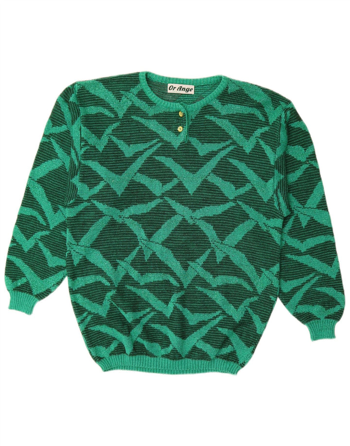 Suéter feminino vintage com estampa abstrata, gola redonda, Reino Unido 16, verde grande