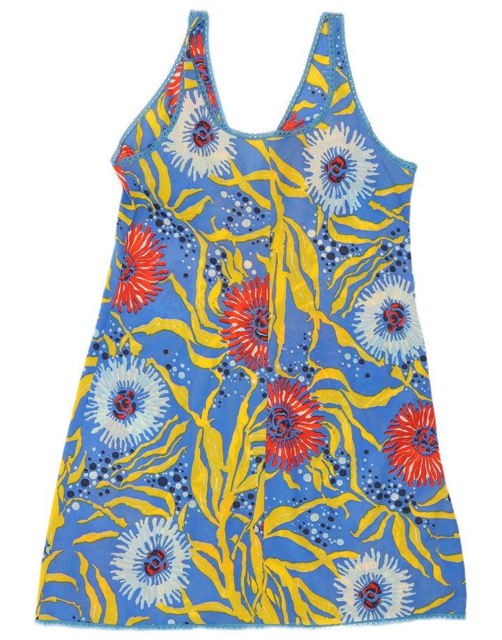 Vestido feminino VINTAGE com padrão abstrato e deslizante Reino Unido 12 azul médio