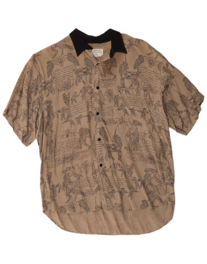Vintage masculino abstrato Padrão manga curta Camisa grande algodão cinza