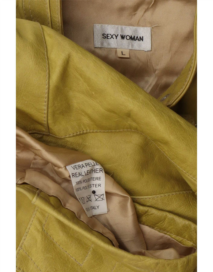 Jaqueta feminina vintage de couro para motociclista UK 14 grande amarela