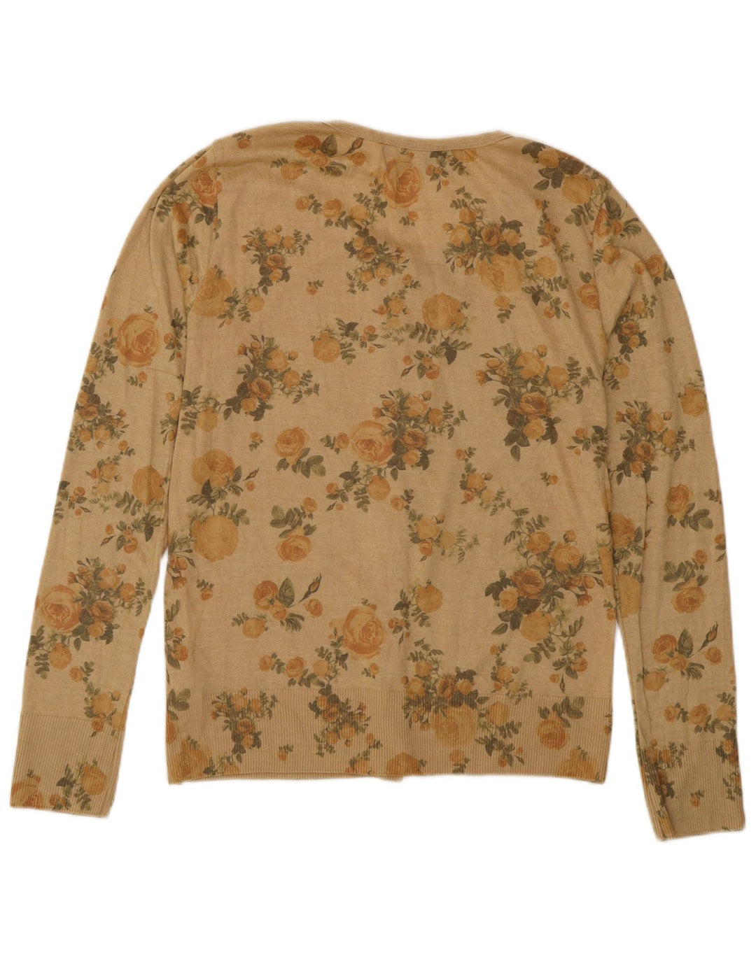 Suéter cardigã feminino Zara Reino Unido 14 grande poliéster floral bege
