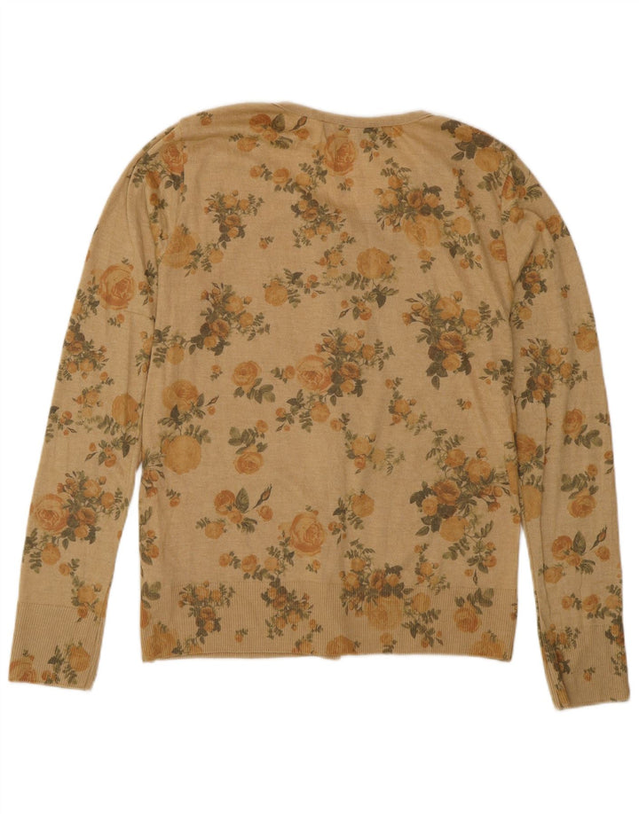 Suéter cardigã feminino Zara Reino Unido 14 grande poliéster floral bege