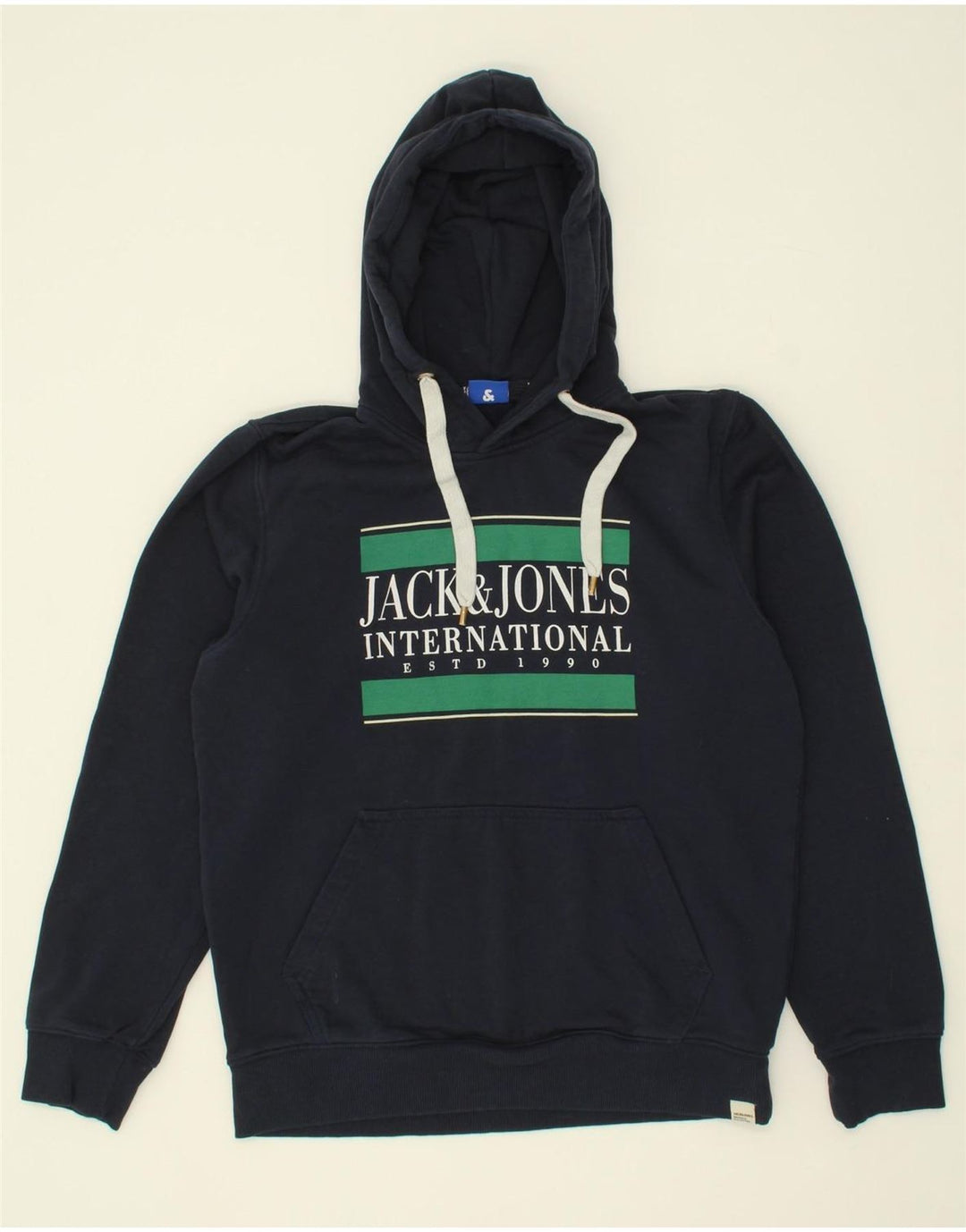 JACK & JONES Mens Graphic Hoodie Jumper Medium Navy Blue Cotton Vintage Jack & Jones and Second-Hand Jack & Jones from Messina Hembry 