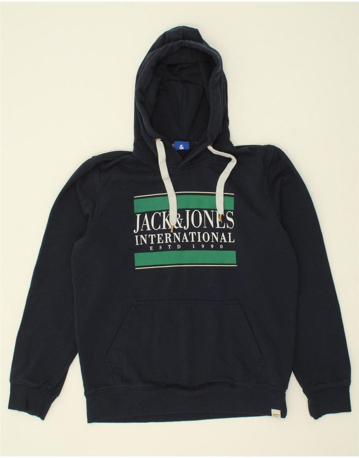 JACK & JONES Mens Graphic Hoodie Jumper Medium Navy Blue Cotton Vintage Jack & Jones and Second-Hand Jack & Jones from Messina Hembry 