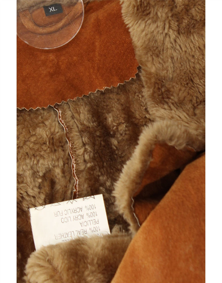 Casaco feminino vintage de shearling UK 18 XL couro marrom