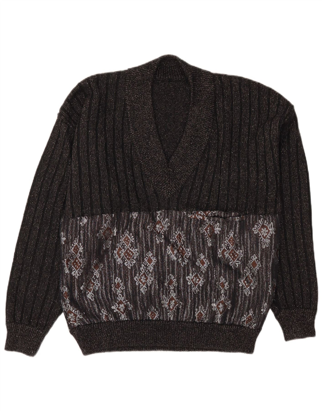 Suéter masculino vintage com decote em V grande preto Fair Isle