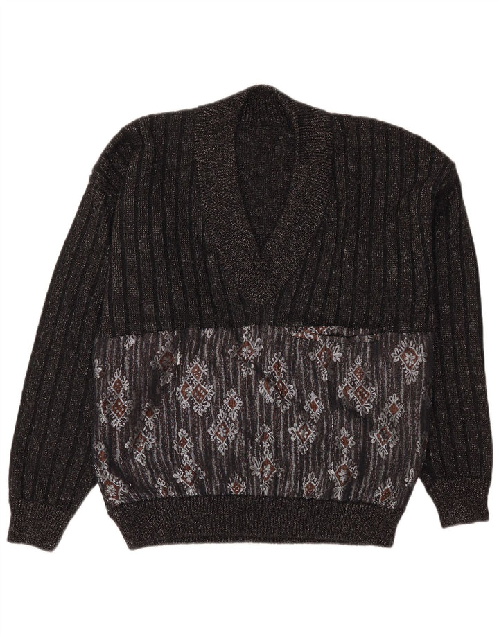 Suéter masculino vintage com decote em V grande preto Fair Isle
