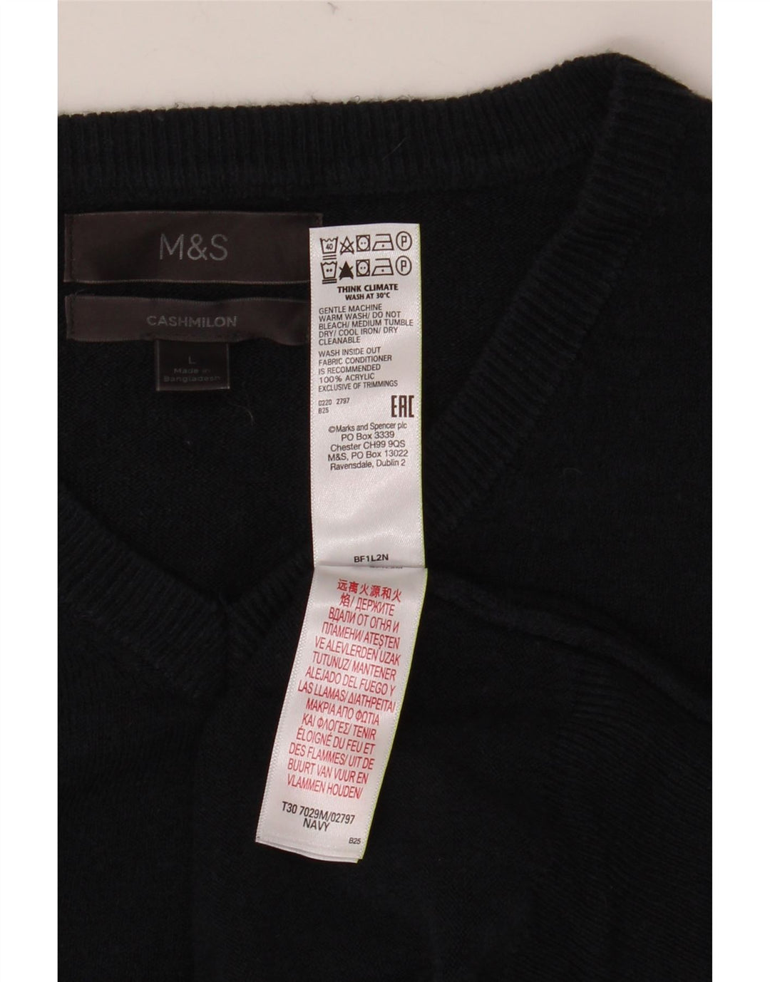 MARKS & SPENCER Suéter masculino com decote em V grande acrílico azul marinho