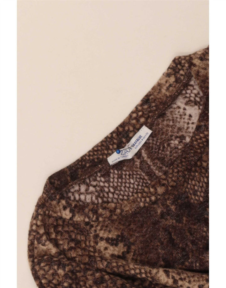 Top feminino Zara manga 3/4 Reino Unido 14 marrom médio estampa animal