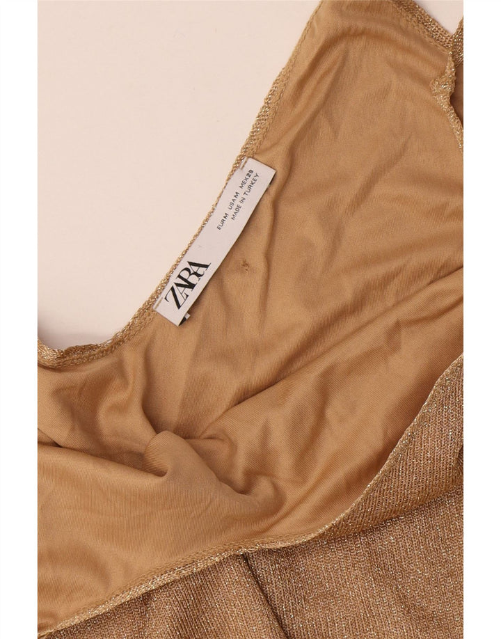 Vestido deslizante feminino Zara UK 12 poliéster dourado médio