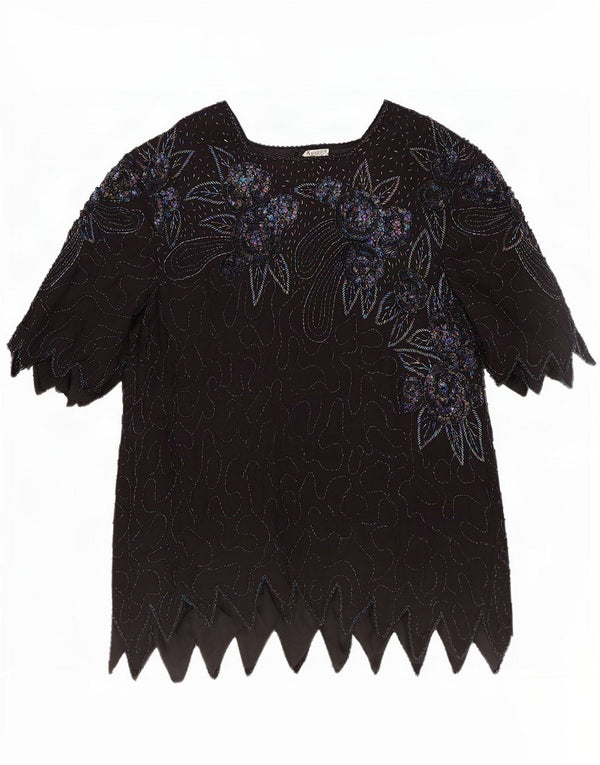 Blusa de noite feminina vintage UK 18 XL seda floral preta