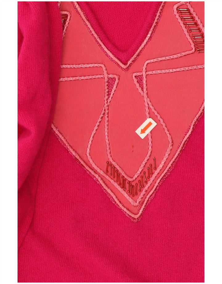 Suéter feminino VINTAGE com decote em V IT 50 XL lã rosa