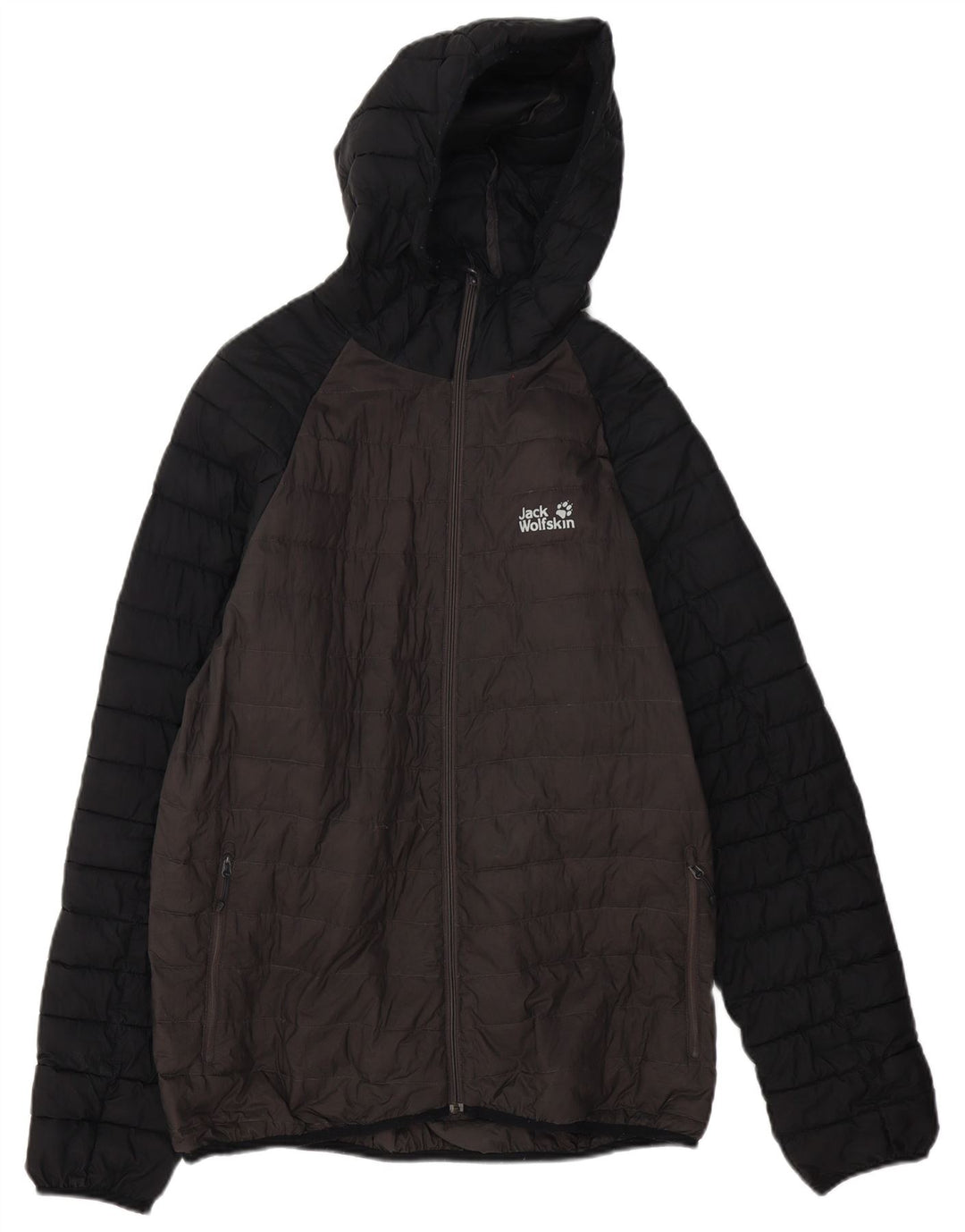 Jaqueta masculina acolchoada com capuz Jack Wolfskin Reino Unido 40 grande bloco colorido cinza