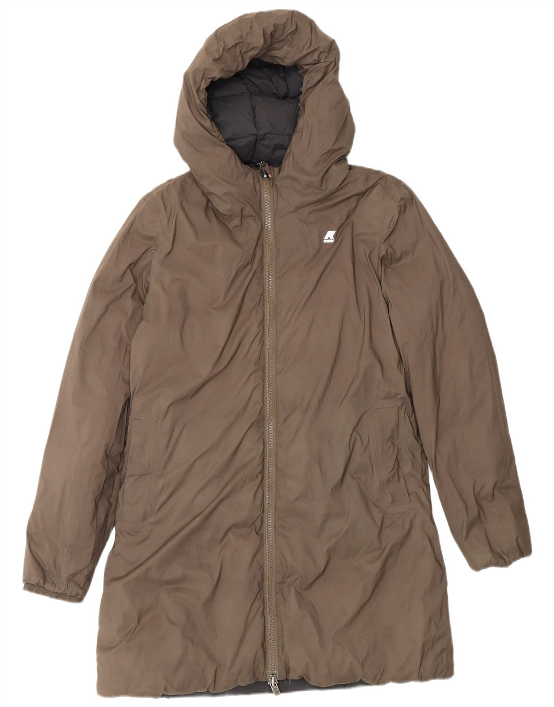 Casaco feminino acolchoado reversível com capuz grande K-Way Reino Unido 8 pequeno preto