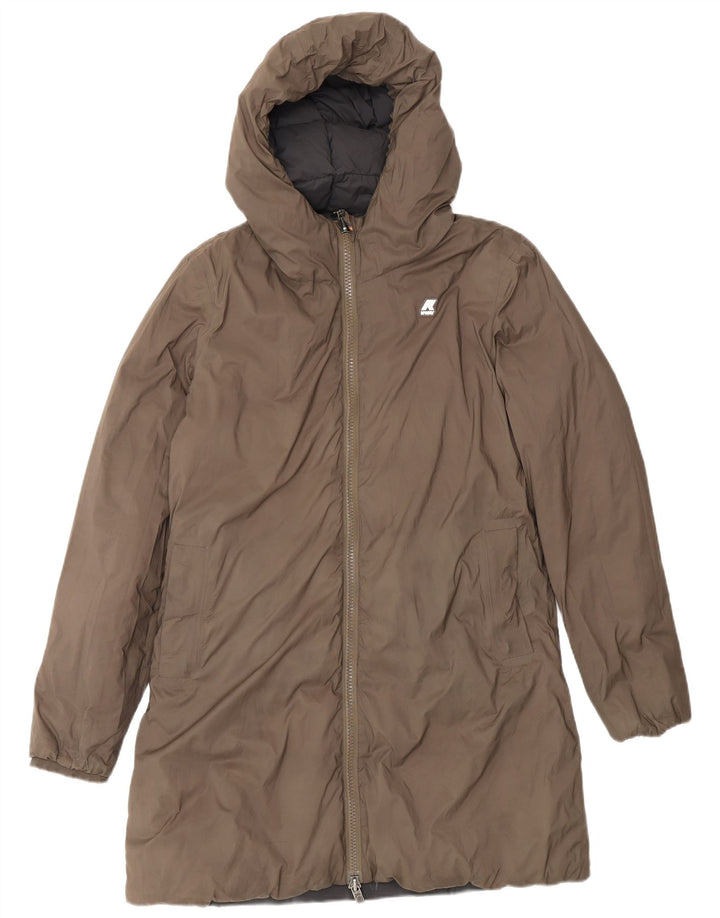 Casaco feminino acolchoado reversível com capuz grande K-Way Reino Unido 8 pequeno preto