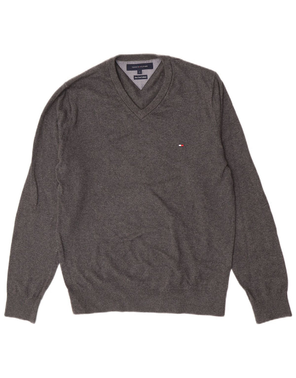 Suéter masculino Tommy Hilfiger com decote em V pequeno algodão cinza