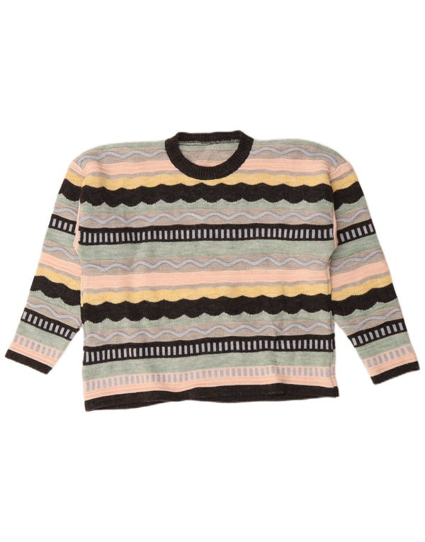 Suéter feminino vintage com gola redonda UK 18 XL listrado multicolorido