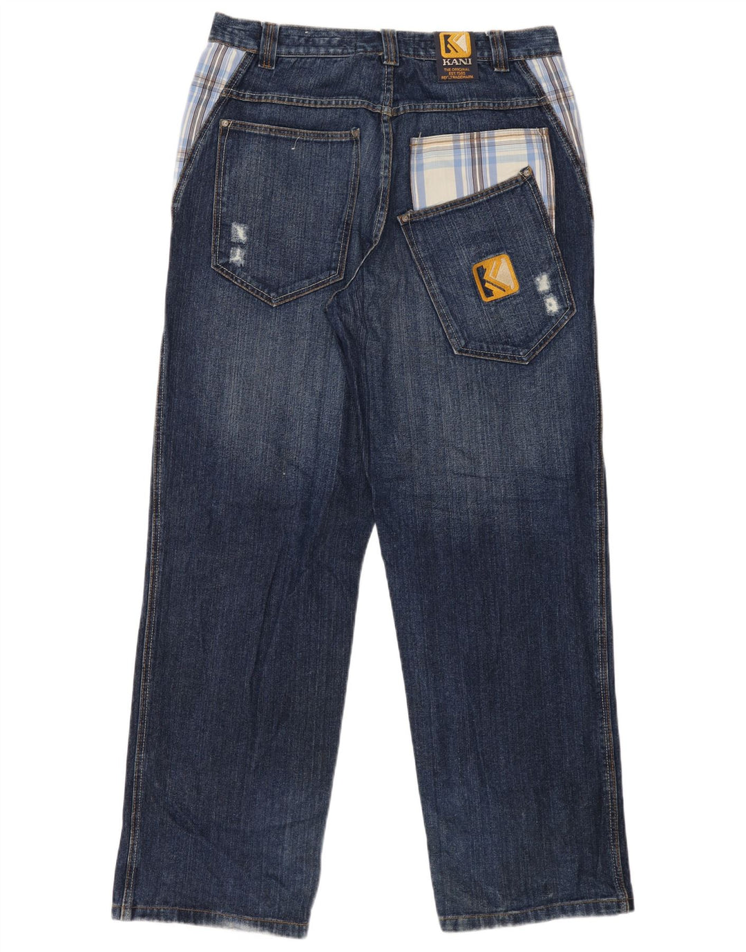 Karl Kani Calça jeans reta masculina desgastada W34 L34 azul xadrez algodão