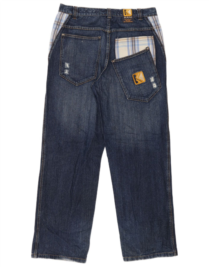 Karl Kani Calça jeans reta masculina desgastada W34 L34 azul xadrez algodão