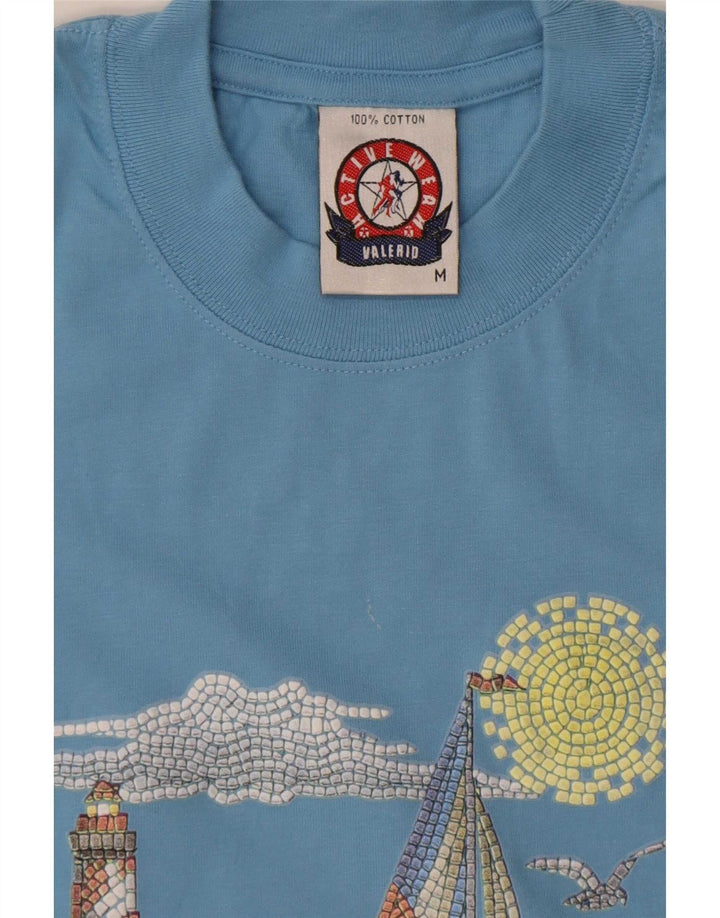 Camiseta gráfica masculina vintage de algodão azul médio
