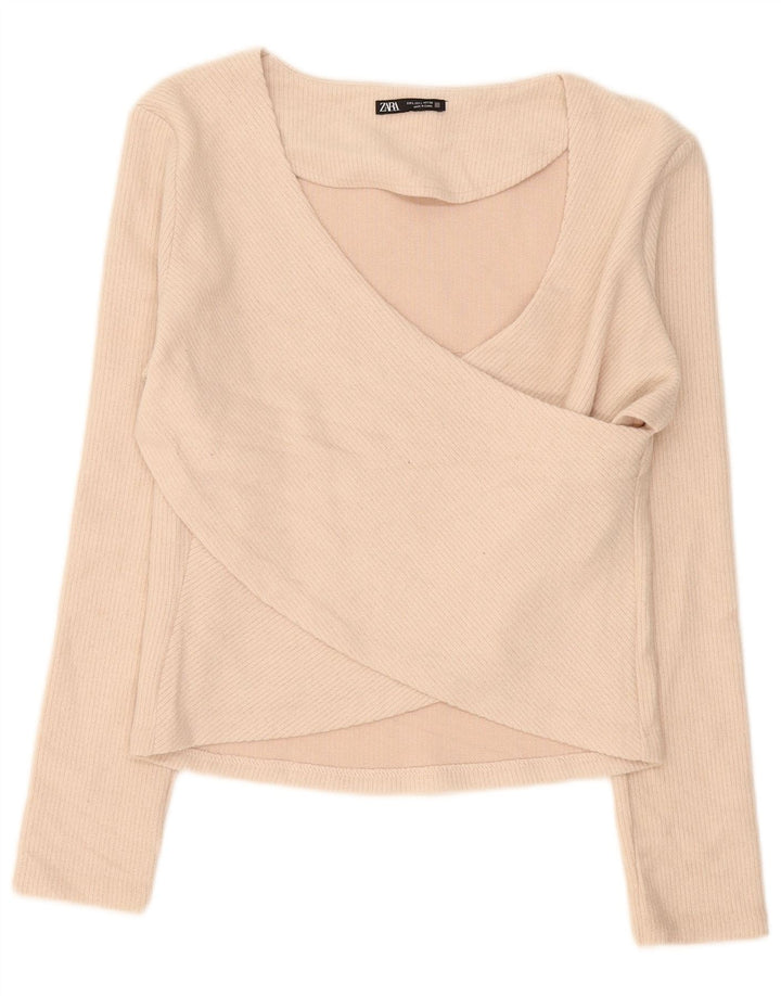 Blusa feminina de manga comprida Zara UK 14 grande poliéster bege